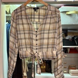 PAIGE Women's Plaid Tie-Front Blouse - Tan and Black